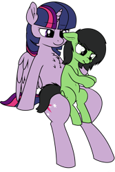 Size: 4191x6268 | Tagged: safe, alternate version, artist:smoldix, artist:wheredamaresat, edit, twilight sparkle, oc, oc:filly anon, alicorn, earth pony, pony, g4, age difference, belly, belly button, black mane, black tail, chest fluff, concentrating, cute, duo, ear fluff, earth pony oc, eyebrows, eyebrows visible through hair, female, filly, floppy ears, foal, green eyes, horn, looking at something, mare, multicolored mane, purple eyes, scrunchy face, simple background, sitting, smiling, tail, transparent background, twilight is a foal fiddler, twilight sparkle (alicorn), wholesome, wings