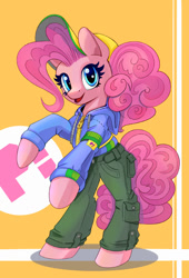 Size: 815x1200 | Tagged: safe, artist:maytee, pinkie pie, earth pony, pony, g4, cap, clothes, female, hat, hoodie, mare, open mouth, pants, rapper pie