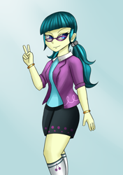 Size: 1200x1700 | Tagged: safe, artist:zachc, juniper montage, equestria girls, equestria girls specials, g4, my little pony equestria girls: movie magic, bracelet, clothes, female, glasses, jewelry, peace sign, skirt, smiling, solo