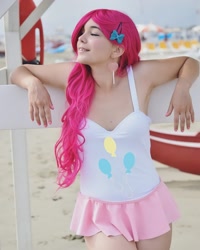 Size: 2160x2700 | Tagged: safe, pinkie pie, human, g4, armpits, bare shoulders, beach, clothes, cosplay, costume, cutie mark on clothes, high res, irl, irl human, nail polish, one-piece swimsuit, photo, sleeveless, swimsuit