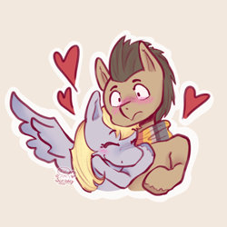Size: 2048x2048 | Tagged: safe, artist:scribleydoodles, derpy hooves, doctor whooves, time turner, earth pony, pegasus, pony, g4, blushing, clothes, duo, eyes closed, female, heart, high res, hug, male, mare, scarf, ship:doctorderpy, shipping, stallion, straight, unshorn fetlocks