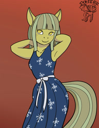 Size: 800x1035 | Tagged: safe, artist:warskunk, oc, oc only, earth pony, anthro, arm behind head, armpits, clothes, dress, earth pony oc, eyelashes, female, looking sideways, no pupils, smiling, solo