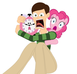 Size: 2168x2084 | Tagged: safe, artist:nathaniel718, pinkie pie, earth pony, human, pony, g4, alarm clock, blue's clues, clock, clothes, crossover, duo, faic, female, green shirt, high res, male, mare, pants, scared, screaming, shirt, steve (blue's clues), striped shirt, tickety tock
