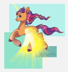 Size: 978x1039 | Tagged: safe, artist:superduperath, sunny starscout, alicorn, pony, g5, my little pony: a new generation, spoiler:my little pony: a new generation, artificial horn, artificial wings, augmented, female, horn, magic, magic horn, magic wings, mane stripe sunny, mare, race swap, solo, sunnycorn, wings