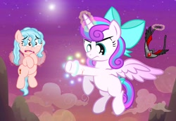 Size: 3067x2125 | Tagged: safe, artist:aleximusprime, cozy glow, princess flurry heart, alicorn, pegasus, pony, dream of alicornication, flurry heart's story, g4, alicorn amulet, angry, bow, buzzing wings, duo, glowing, glowing horn, high res, horn, magic, messy mane, safeguard bracelet, sunset, telekinesis, upgrade, wet, wet mane, wings