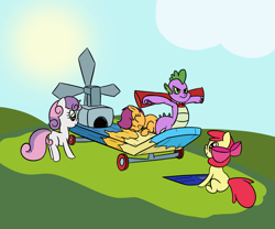Size: 1757x1462 | Tagged: safe, artist:librarylonging, apple bloom, scootaloo, spike, sweetie belle, dragon, earth pony, pegasus, pony, unicorn, g4, bow, cheek squish, cutie mark crusaders, dice, engine, hair bow, ornament, scooter, squishy cheeks