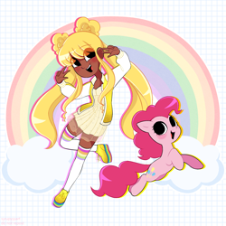 Size: 2500x2500 | Tagged: safe, artist:syrupyyy, pinkie pie, earth pony, human, pony, g4, clothes, cloud, crossover, cute, dark skin, diapinkes, dress, duo, female, high res, mare, open mouth, peace sign, rainbow, rainbow high, rainbow socks, shoes, socks, stockings, striped socks, sundress, sunny madison, thigh highs, yellow dress