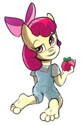 Size: 585x890 | Tagged: safe, artist:zuneycat, apple bloom, earth pony, anthro, g4, apple, ass, butt, female, filly, foal, food, solo