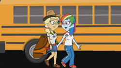 Size: 1280x720 | Tagged: safe, applejack, rainbow dash, equestria girls, g4, bag, bus, camp everfree outfits, eddy misbehaves at camp goville, female, goanimate, lesbian, reference, ship:appledash, shipping, walking