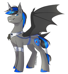 Size: 1098x1200 | Tagged: safe, artist:cosmalumi, oc, oc:candor champion, alicorn, bat pony, bat pony alicorn, pony, bat wings, digital art, fangs, horn, horn jewelry, jewelry, simple background, smiling, smirk, smug, solo, spread wings, tail, tail wrap, transparent background, wings
