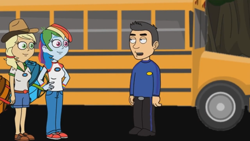 Size: 1280x720 | Tagged: safe, applejack, rainbow dash, human, equestria girls, g4, anthony wiggle, bag, bus, camp everfree outfits, crossover, eddy misbehaves at camp goville, female, goanimate, male, talking, the wiggles, trio