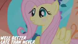 Size: 1280x720 | Tagged: safe, edit, edited screencap, editor:quoterific, screencap, fluttershy, pegasus, pony, g4, season 1, the ticket master, blushing, cute, female, flying, golden oaks library, mare, shyabetes, smiling, solo, wings