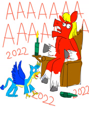 Size: 1024x1434 | Tagged: safe, artist:horsesplease, gallus, sprout cloverleaf, pony, g4, g5, my little pony: a new generation, 2022, aaaaaaaaaa, alcohol, birb, bottle, crowing, doodle, drunk, emperor sprout, gallus the rooster, gallusposting, happy new year, happy new year 2022, holiday, insanity, sad sprout, screaming, that pony sure does love tequila