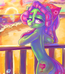 Size: 900x1022 | Tagged: safe, artist:mannybcadavera, tree hugger, earth pony, pony, g4, beach, bipedal, bipedal leaning, butt, female, leaning, looking at you, looking back, looking back at you, mare, plot, smiling, solo, sunset