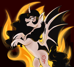 Size: 1926x1743 | Tagged: safe, artist:shamy-crist, oc, alicorn, bat pony, bat pony alicorn, pony, bat wings, female, fire, horn, mare, rearing, solo, wings
