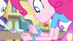 Size: 3410x1920 | Tagged: safe, screencap, pinkie pie, rainbow dash, rarity, equestria girls, g4, my little pony equestria girls: rainbow rocks, pinkie on the one, clothes, cutie mark on clothes, female, fork, high res, lip bite, offscreen character, smiling, spoon