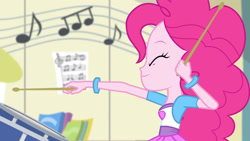 Size: 3410x1920 | Tagged: safe, screencap, pinkie pie, equestria girls, g4, my little pony equestria girls: rainbow rocks, pinkie on the one, drum kit, drums, drumsticks, eyes closed, female, high res, musical instrument, smiling, solo