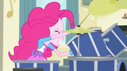 Size: 3410x1920 | Tagged: safe, screencap, pinkie pie, equestria girls, g4, my little pony equestria girls: rainbow rocks, pinkie on the one, clothes, cutie mark on clothes, drum kit, drums, drumsticks, eyes closed, female, grin, high res, musical instrument, smiling, solo