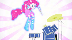 Size: 3410x1920 | Tagged: safe, screencap, pinkie pie, equestria girls, g4, my little pony equestria girls: rainbow rocks, pinkie on the one, boots, clothes, cutie mark on clothes, drum kit, drums, drumsticks, female, grin, high res, musical instrument, ponied up, shoes, smiling, solo