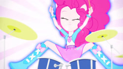 Size: 3410x1920 | Tagged: safe, screencap, pinkie pie, equestria girls, g4, my little pony equestria girls: rainbow rocks, pinkie on the one, boots, clothes, cutie mark on clothes, drum kit, drums, drumsticks, eyes closed, female, high res, musical instrument, ponied up, shoes, smiling, solo