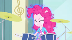 Size: 3410x1920 | Tagged: safe, screencap, pinkie pie, equestria girls, g4, my little pony equestria girls: rainbow rocks, pinkie on the one, drum kit, drums, drumsticks, eyes closed, female, high res, messy hair, musical instrument, ponied up, smiling, solo