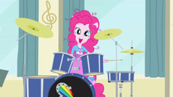 Size: 3410x1920 | Tagged: safe, screencap, pinkie pie, equestria girls, g4, my little pony equestria girls: rainbow rocks, pinkie on the one, clothes, cute, cutie mark on clothes, diapinkes, drum kit, drums, drumsticks, female, high res, musical instrument, open mouth, open smile, ponied up, smiling, solo