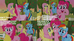 Size: 1280x720 | Tagged: safe, edit, edited screencap, editor:quoterific, screencap, fluttershy, pinkie pie, rainbow dash, earth pony, pegasus, pony, g4, season 2, the super speedy cider squeezy 6000, bipedal, female, flying, hug, mare, open mouth, open smile, smiling, spread wings, tree, wings