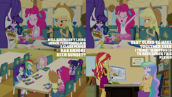 Size: 1280x720 | Tagged: safe, edit, edited screencap, editor:quoterific, screencap, applejack, fluttershy, pinkie pie, princess celestia, principal celestia, rainbow dash, rarity, sci-twi, sunset shimmer, twilight sparkle, diy with applejack, equestria girls, g4, my little pony equestria girls: better together, schedule swap, apple, applejack's hat, armpits, bowtie, bracelet, burger, clothes, computer, cowboy hat, cutie mark on clothes, denim skirt, drinking, eyes closed, female, food, geode of empathy, geode of fauna, geode of shielding, geode of sugar bombs, geode of super speed, geode of super strength, geode of telekinesis, glasses, hairpin, hat, high heels, humane five, humane seven, humane six, jacket, jewelry, leather, leather jacket, magical geodes, necklace, open mouth, open smile, ponytail, rarity peplum dress, salad, sandwich, shoes, skirt, smiling, sneakers