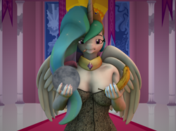 Size: 3880x2880 | Tagged: safe, artist:olkategrin, princess celestia, alicorn, anthro, g4, 3d, 3d model, banana, bananalestia, canterlot, canterlot castle, cigarette, clothes, crown, female, folded wings, food, high res, holding, horn, jewelry, joke, large wings, looking at you, meme, moon, necklace, nexgen, object, parody, reaction image, regalia, smoking, solo, source filmmaker, standing, throne room, willem dafoe, wings, wtf