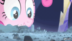 Size: 640x360 | Tagged: safe, screencap, pinkie pie, spike, dragon, earth pony, pony, g4, season 5, the cutie map, animated, barefoot, crying, cutie map, feet, female, floppy ears, gif, gifs.com, macro, male, mare, offscreen character, paws, shrunken pupils, smiling, stomping, twilight's castle, wide eyes