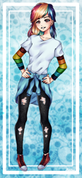 Size: 462x1000 | Tagged: safe, artist:akaruiyoso, rainbow dash, human, g4, clothes, female, hand on hip, humanized, jeans, pants, ripped jeans, ripped pants, solo, torn clothes