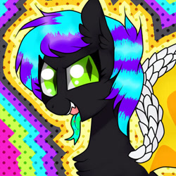 Size: 500x500 | Tagged: safe, artist:kaikururu, oc, oc only, bat pony, pony, abstract background, bat pony oc, bat wings, open mouth, open smile, slit pupils, smiling, solo, tongue out, wings