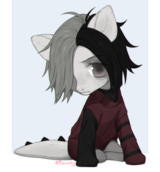 Size: 1400x1500 | Tagged: safe, artist:qawakie, oc, oc only, pony, abstract background, clothes, hair over one eye, sitting