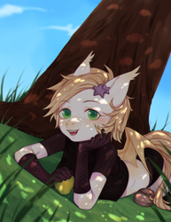 Size: 1700x2200 | Tagged: safe, artist:qawakie, oc, oc only, earth pony, anthro, clothes, earth pony oc, gloves, long gloves, outdoors, smiling, tree