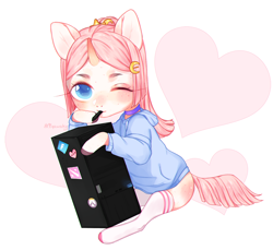 Size: 1600x1466 | Tagged: safe, artist:qawakie, oc, oc only, pony, unicorn, clothes, grin, heart, mouth hold, smiling, solo, uniorn noc