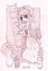 Size: 2375x3489 | Tagged: safe, artist:porcelanowyokular, oc, oc only, pegasus, anthro, clothes, dress, eyelashes, high res, ladder, looking at you, pegasus oc, smiling, solo, wings