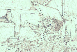 Size: 3444x2343 | Tagged: safe, artist:porcelanowyokular, oc, oc only, pegasus, pony, angry, cardboard box, high res, homeless, pegasus oc, tennis racket, wings