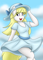 Size: 914x1280 | Tagged: safe, artist:bellenightjoy, oc, oc only, oc:starry cookies, earth pony, anthro, clothes, cloud, dress, earth pony oc, eyelashes, female, hat, open mouth, outdoors, smiling, solo, sun hat