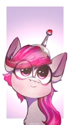 Size: 607x1080 | Tagged: safe, artist:wacky-skiff, edit, sugar moonlight, earth pony, pony, g5, my little pony: a new generation, abstract background, anti-mind reading cap, bust, chest fluff, ear fluff, eye clipping through hair, eyebrows, eyebrows down, eyebrows visible through hair, female, happy, head tilt, looking at you, looking up, looking up at you, mare, portrait, smiling, smiling at you, solo