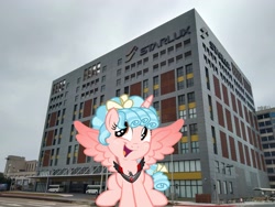 Size: 3344x2508 | Tagged: safe, artist:aleximusprime, edit, cozy glow, alicorn, pony, g4, alicorn amulet, alicornified, building, cozycorn, high res, irl, photo, ponies in real life, race swap, starlux airlines, taiwan, taoyuan