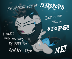 Size: 4880x3990 | Tagged: safe, artist:strategypony, oc, oc only, oc:lightning dee, pegasus, pony, bring me the horizon, clothes, eyes closed, female, filly, foal, jacket, open mouth, ribbon, simple background, singing, struggling, swimming, text, underwater, water, wings
