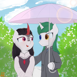 Size: 3000x3000 | Tagged: safe, artist:speedy dashie, kirin, pony, unicorn, semi-anthro, arm hooves, bipedal, blushing, clothes, couple, dexterous hooves, duo, female, heterochromia, high res, male, umbrella