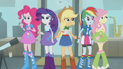 Size: 3410x1920 | Tagged: safe, screencap, applejack, fluttershy, pinkie pie, rainbow dash, rarity, a case for the bass, equestria girls, g4, my little pony equestria girls: rainbow rocks, applejack's hat, belt, boots, clothes, cowboy boots, cowboy hat, cutie mark on clothes, denim skirt, female, hairpin, hat, high res, humane five, shoes, skirt, smiling