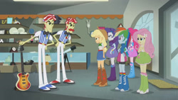 Size: 3410x1920 | Tagged: safe, screencap, applejack, flam, flim, fluttershy, pinkie pie, rainbow dash, rarity, a case for the bass, equestria girls, g4, my little pony equestria girls: rainbow rocks, applejack's hat, bass guitar, belt, boots, brothers, clothes, cowboy boots, cowboy hat, cutie mark on clothes, denim skirt, female, flim flam brothers, hairpin, hand on hip, hat, high res, male, money, musical instrument, open mouth, shoes, siblings, skirt