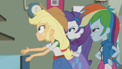 Size: 3410x1920 | Tagged: safe, screencap, applejack, rainbow dash, rarity, a case for the bass, equestria girls, g4, my little pony equestria girls: rainbow rocks, applejack's hat, belt, clothes, cowboy hat, crossed arms, cutie mark on clothes, denim skirt, female, hairpin, hand on hip, hat, high res, skirt