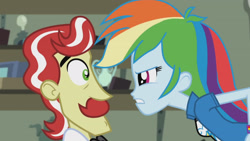 Size: 3410x1920 | Tagged: safe, screencap, flam, rainbow dash, a case for the bass, equestria girls, g4, my little pony equestria girls: rainbow rocks, clothes, cutie mark on clothes, eye contact, female, high res, looking at each other, looking at someone, male