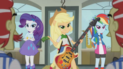 Size: 3410x1920 | Tagged: safe, screencap, applejack, flam, flim, rainbow dash, rarity, a case for the bass, equestria girls, g4, my little pony equestria girls: rainbow rocks, applejack's hat, bass guitar, belt, boots, bracelet, brothers, clothes, cowboy boots, cowboy hat, crossed arms, cutie mark on clothes, denim skirt, female, flim flam brothers, hairpin, hat, high res, jewelry, male, money, musical instrument, ponied up, shoes, siblings, skirt, smiling