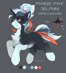 Size: 2104x2296 | Tagged: safe, artist:nightskrill, oc, oc only, oc:pyxi delphini, pony, unicorn, chest fluff, compass rose, female, fluffy, high res, mare, reference sheet, ribbon, stars