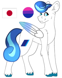 Size: 866x1080 | Tagged: safe, artist:xxaliciarainbowartxx, oc, oc only, pegasus, pony, all nippon airways, bisexual pride flag, colored wings, ear fluff, folded wings, full body, gradient mane, gradient wings, hoof fluff, hooves, japan, male, pegasus oc, ponified, pride, pride flag, simple background, smiling, solo, standing, transparent background, unshorn fetlocks, wings