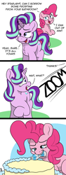 Size: 1018x2715 | Tagged: safe, artist:doodledonutart, pinkie pie, starlight glimmer, earth pony, pony, unicorn, g4, 3 panel comic, chest fluff, comic, female, mare, mouth hold, this will not end well, toothpaste